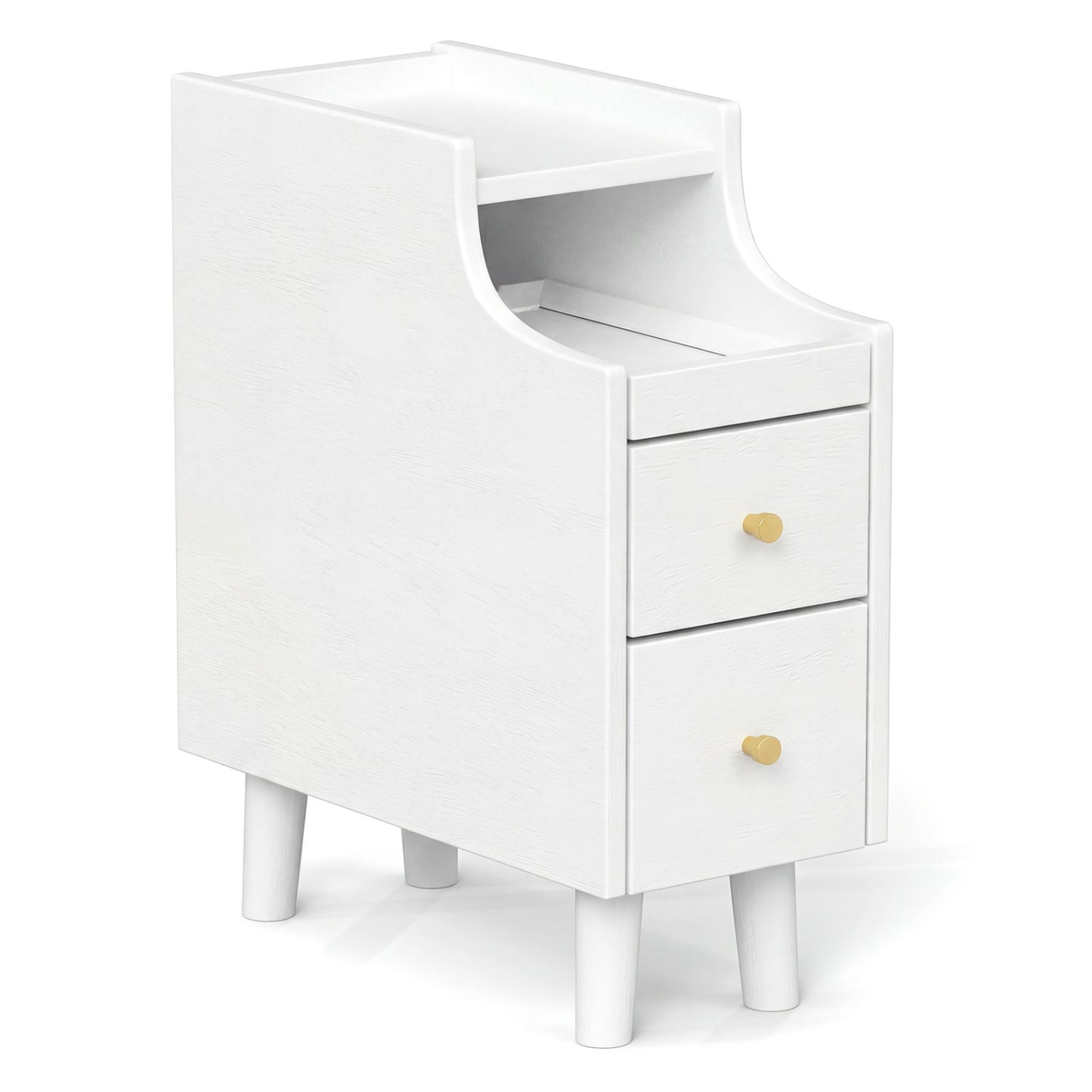 Solid Wood End Table Narrow Bedside Table with Pull-out Tray and 2 Storage Drawers-Brown - White