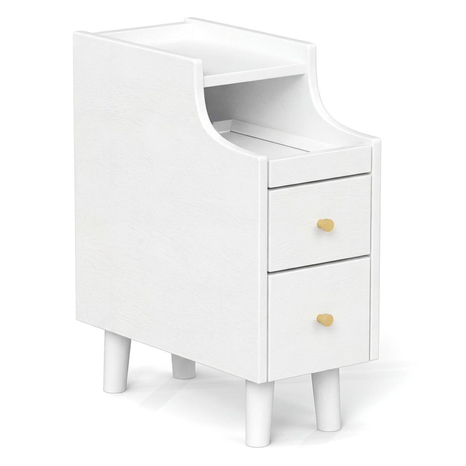 Solid Wood End Table Narrow Bedside Table with Pull-out Tray and 2 Storage Drawers-Brown - White