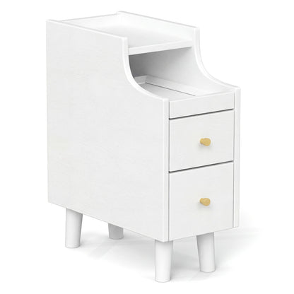 Solid Wood End Table Narrow Bedside Table with Pull-out Tray and 2 Storage Drawers-Brown - White