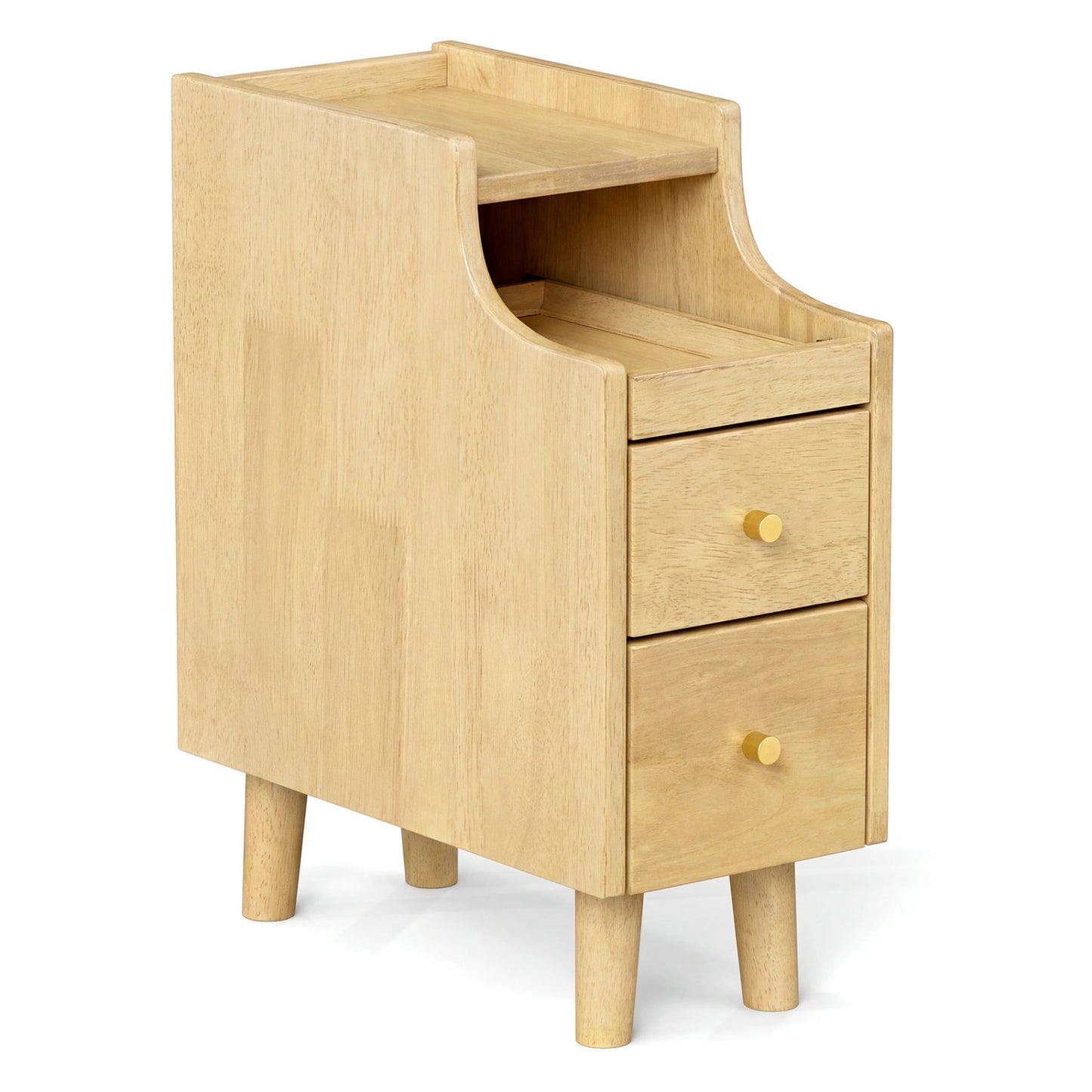 Solid Wood End Table Narrow Bedside Table with Pull-out Tray and 2 Storage Drawers-Brown - Natural