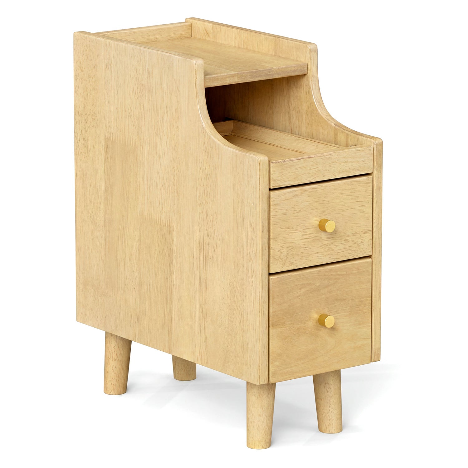 Solid Wood End Table Narrow Bedside Table with Pull-out Tray and 2 Storage Drawers-Brown - Natural