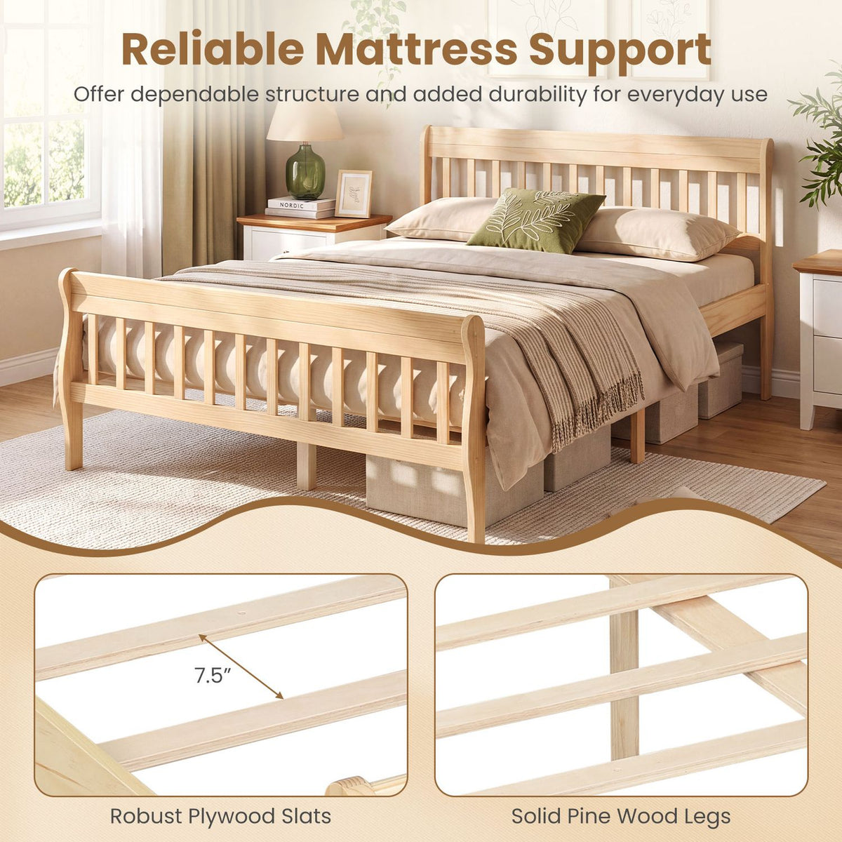 Solid Wood Platform Bed Frame with Headboard Wood Slat Support Natural