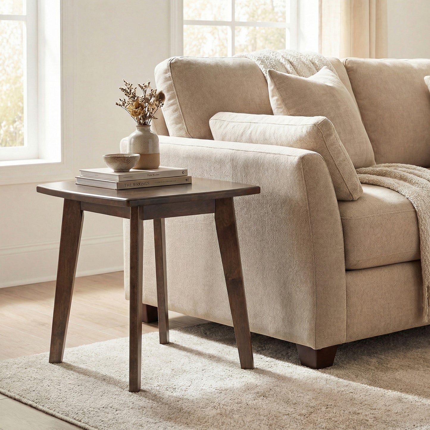 Solid Wood Side Table Square End Table with Thickened Top and Curved Edge