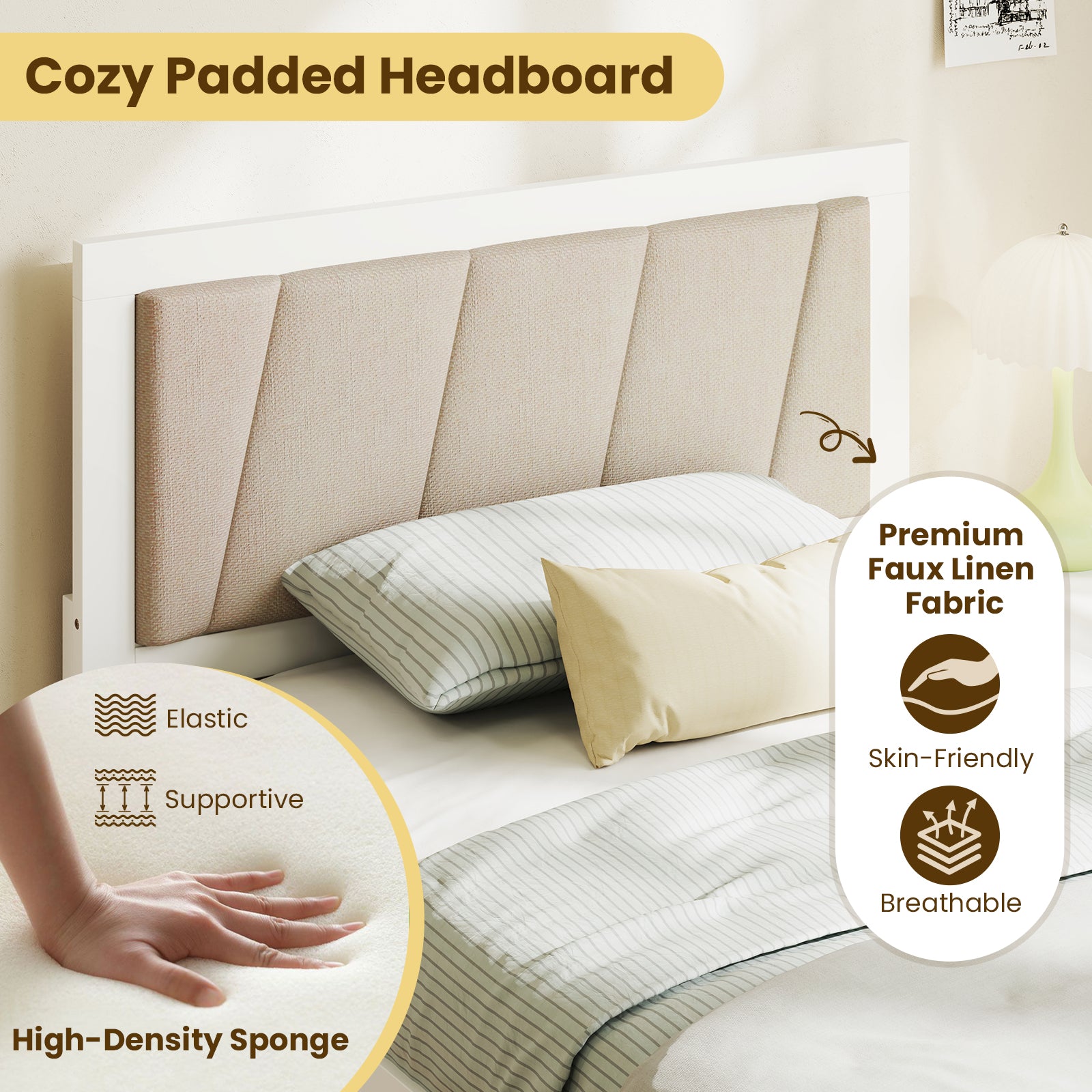 Solid Wood Structure Bed Frame with 2 Drawers Upholstered Headboard-Twin Size