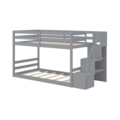Solid Wood Twin Over Full Low Bunk Bed with Storage Stairs-Grey - Grey
