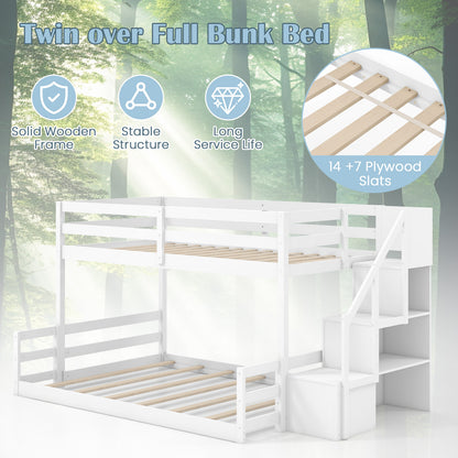 Solid Wood Twin Over Full Low Bunk Bed with Storage Stairs