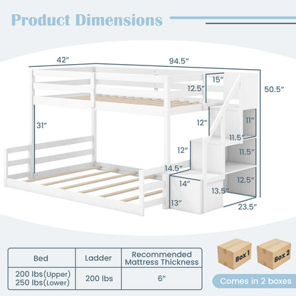 Solid Wood Twin Over Full Low Bunk Bed with Storage Stairs
