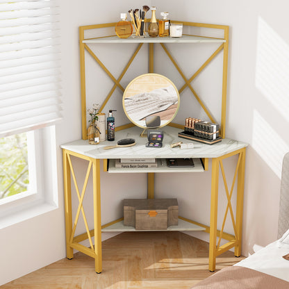 Space-Saving Corner Computer Desk with with Hutch and Keyboard Tray-Rust Brown - White