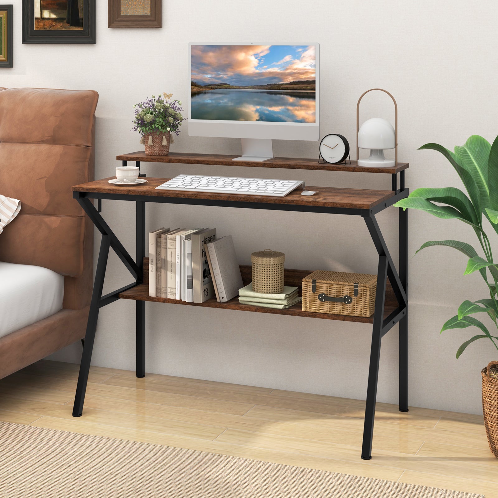 Space Saving Computer Desk with Monitor Stand and Extra Storage Shelf for Work Study-Rustic Brown