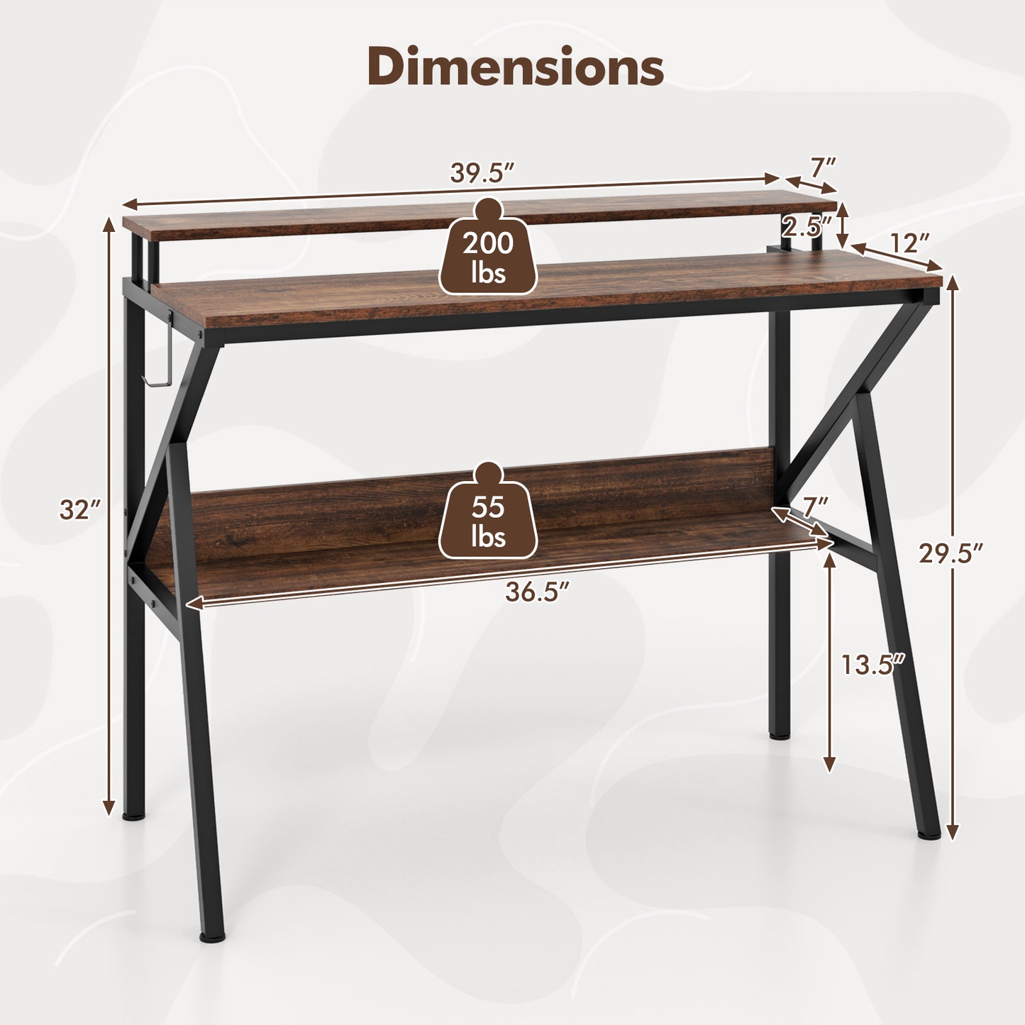 Space Saving Computer Desk with Monitor Stand and Extra Storage Shelf for Work Study-Rustic Brown