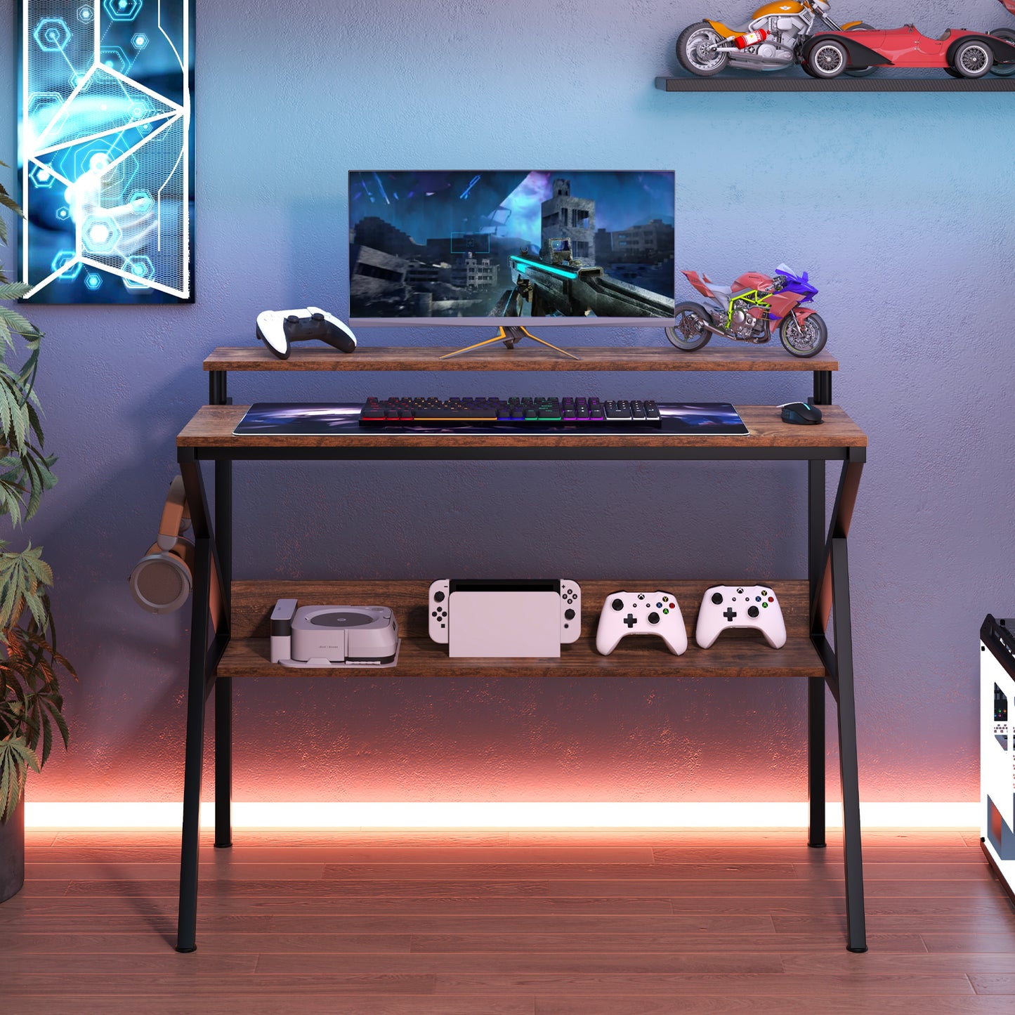Space Saving Computer Desk with Monitor Stand and Extra Storage Shelf for Work Study-Rustic Brown