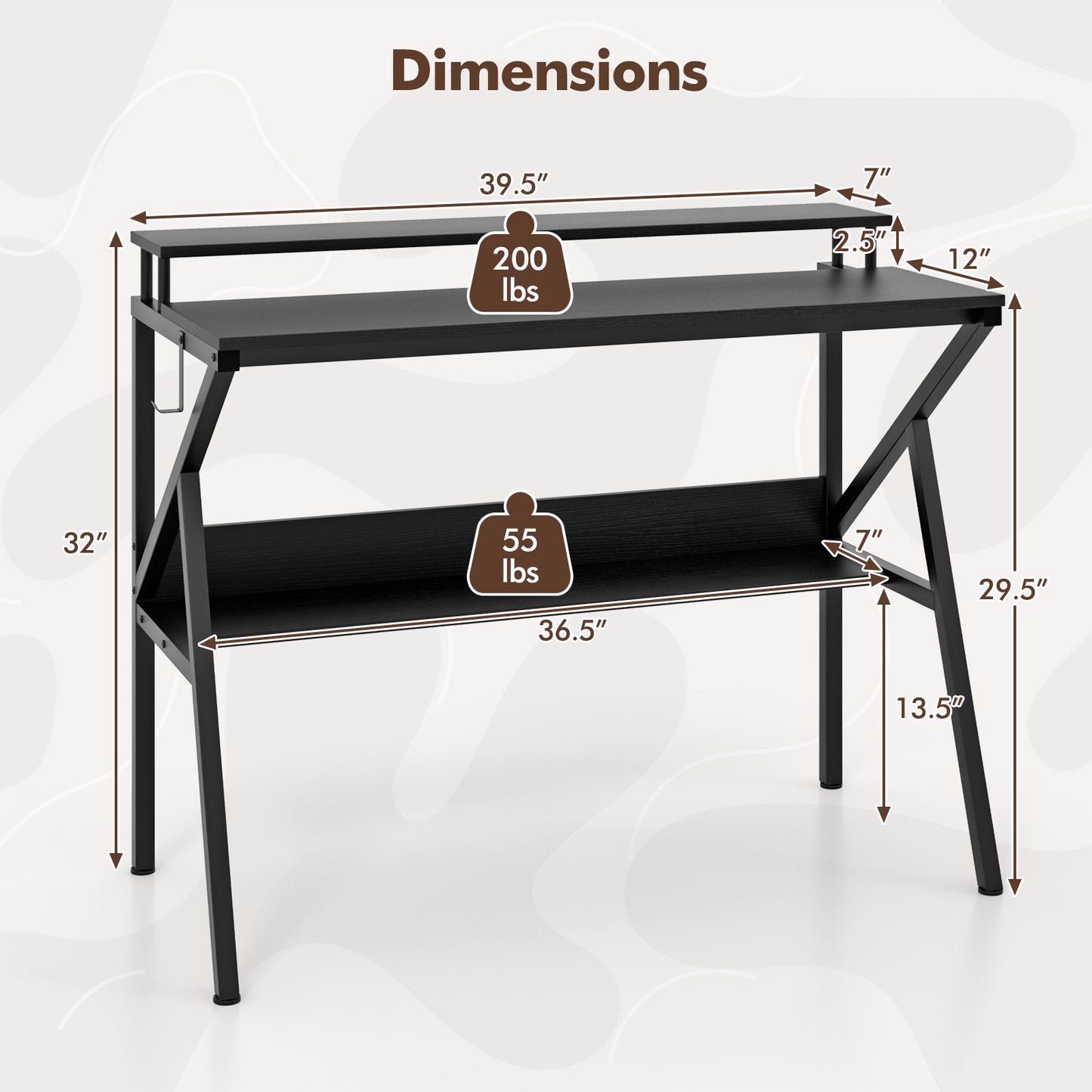 Space Saving Computer Desk with Monitor Stand and Extra Storage Shelf for Work Study-Black