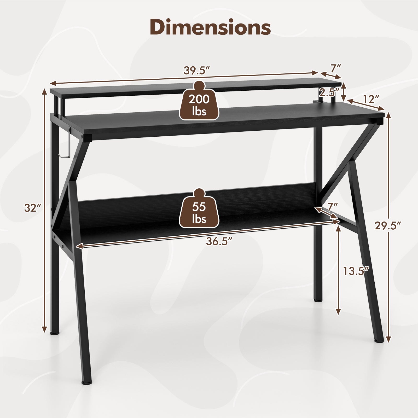 Space Saving Computer Desk with Monitor Stand and Extra Storage Shelf for Work Study-Black