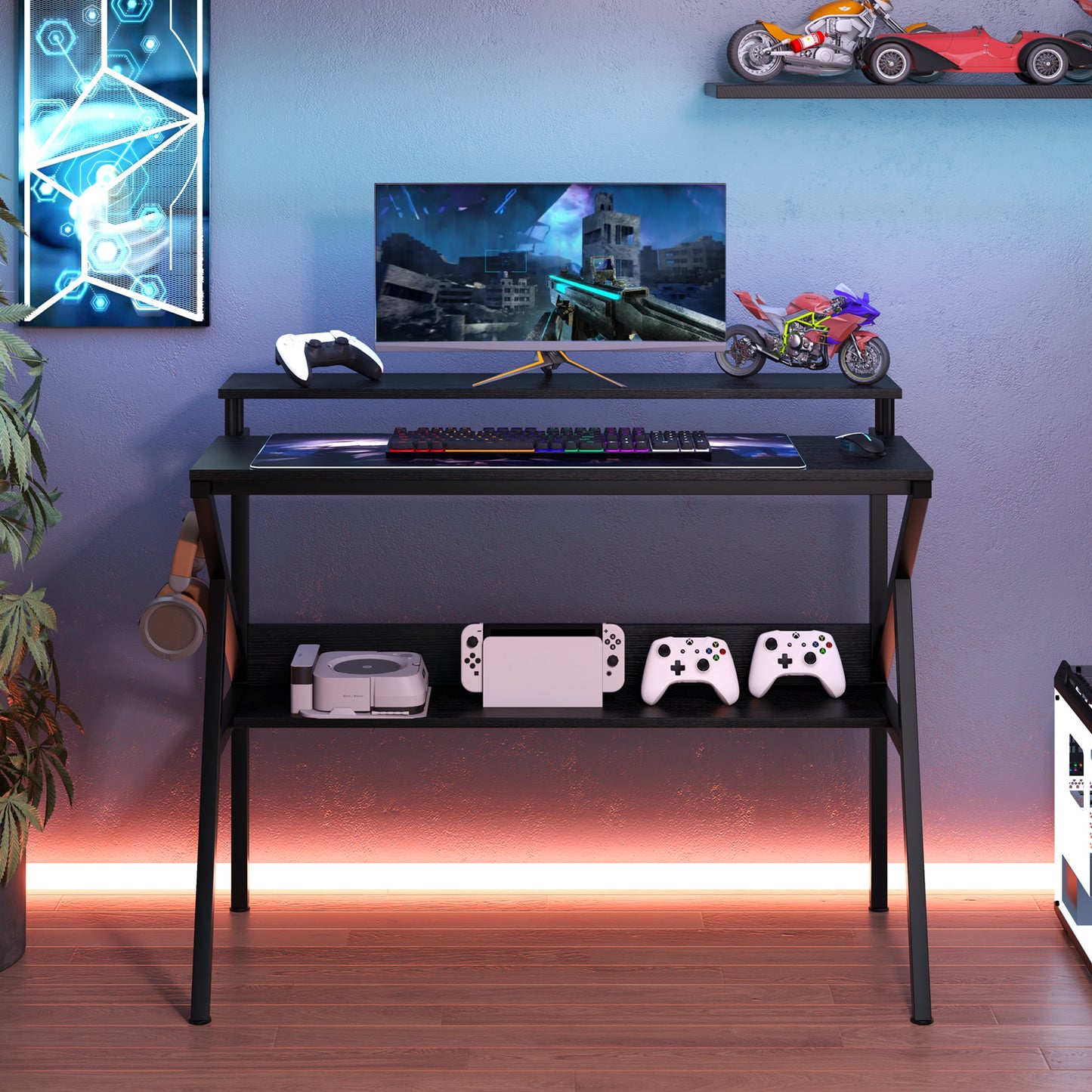 Space Saving Computer Desk with Monitor Stand and Extra Storage Shelf for Work Study-Black