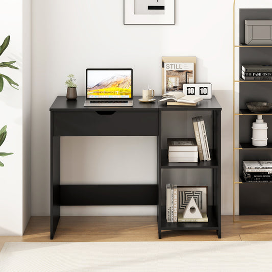 Space Saving Computer Desk with Hidden Compartment and Open Storage Shelves-Black