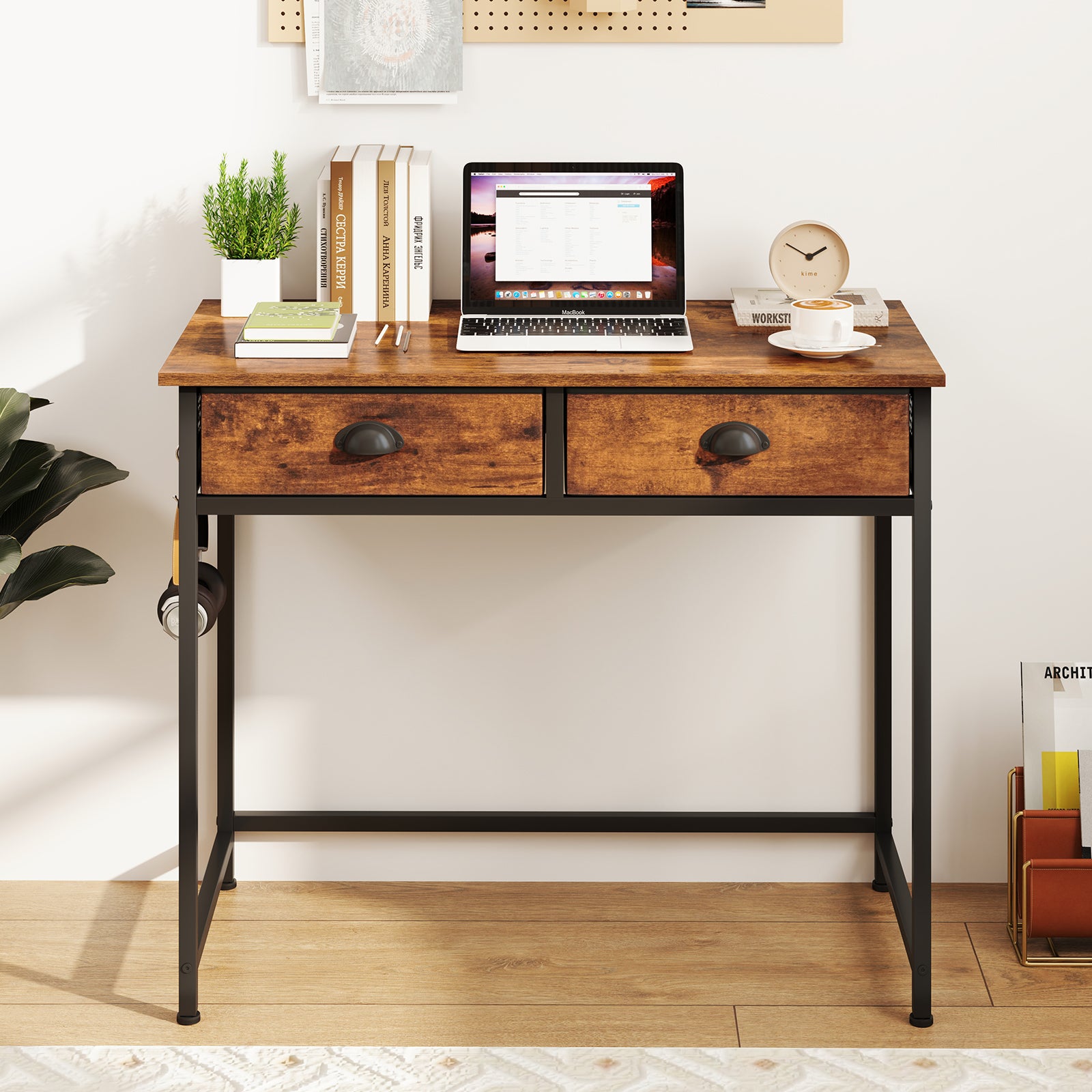 Space Saving Home Office Desk with 2 Fabric Drawers and 4 Hanging Hooks-Rustic Brown