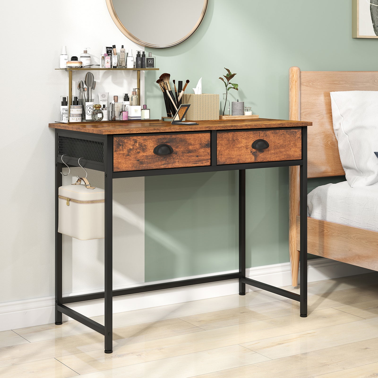 Space Saving Home Office Desk with 2 Fabric Drawers and 4 Hanging Hooks-Rustic Brown