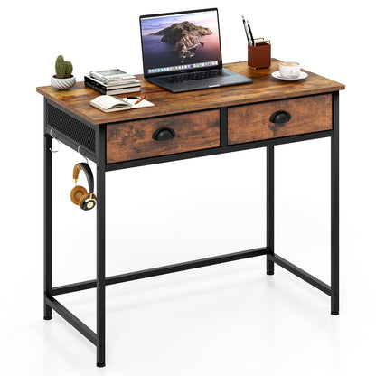 Space Saving Home Office Desk with 2 Fabric Drawers and 4 Hanging Hooks-Rustic Brown