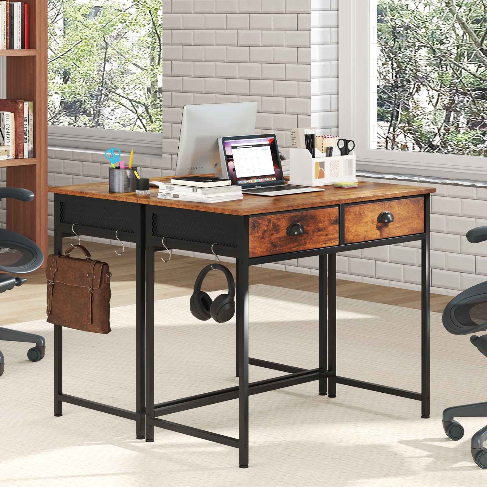 Space Saving Home Office Desk with 2 Fabric Drawers and 4 Hanging Hooks-Rustic Brown