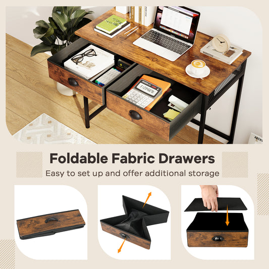 Space Saving Home Office Desk with 2 Fabric Drawers and 4 Hanging Hooks-Rustic Brown