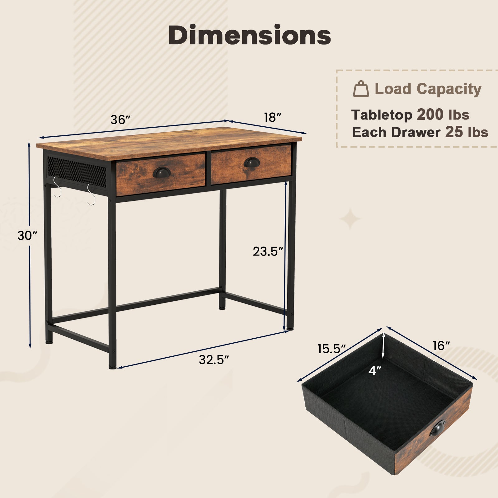 Space Saving Home Office Desk with 2 Fabric Drawers and 4 Hanging Hooks-Rustic Brown