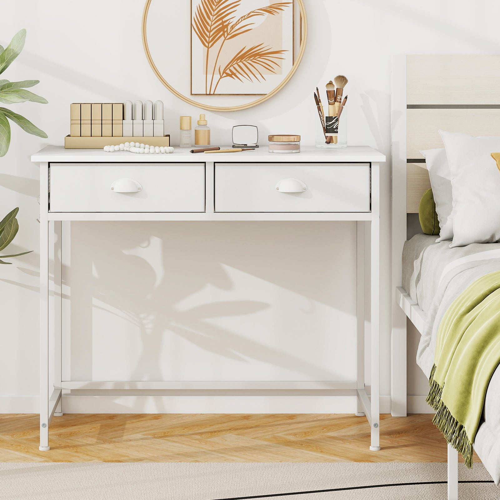 Space Saving Home Office Desk with 2 Fabric Drawers and 4 Hanging Hooks-White