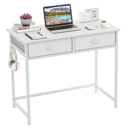Space Saving Home Office Desk with 2 Fabric Drawers and 4 Hanging Hooks-White