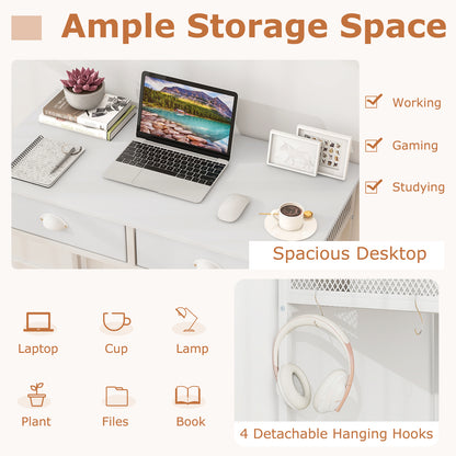 Space Saving Home Office Desk with 2 Fabric Drawers and 4 Hanging Hooks-White