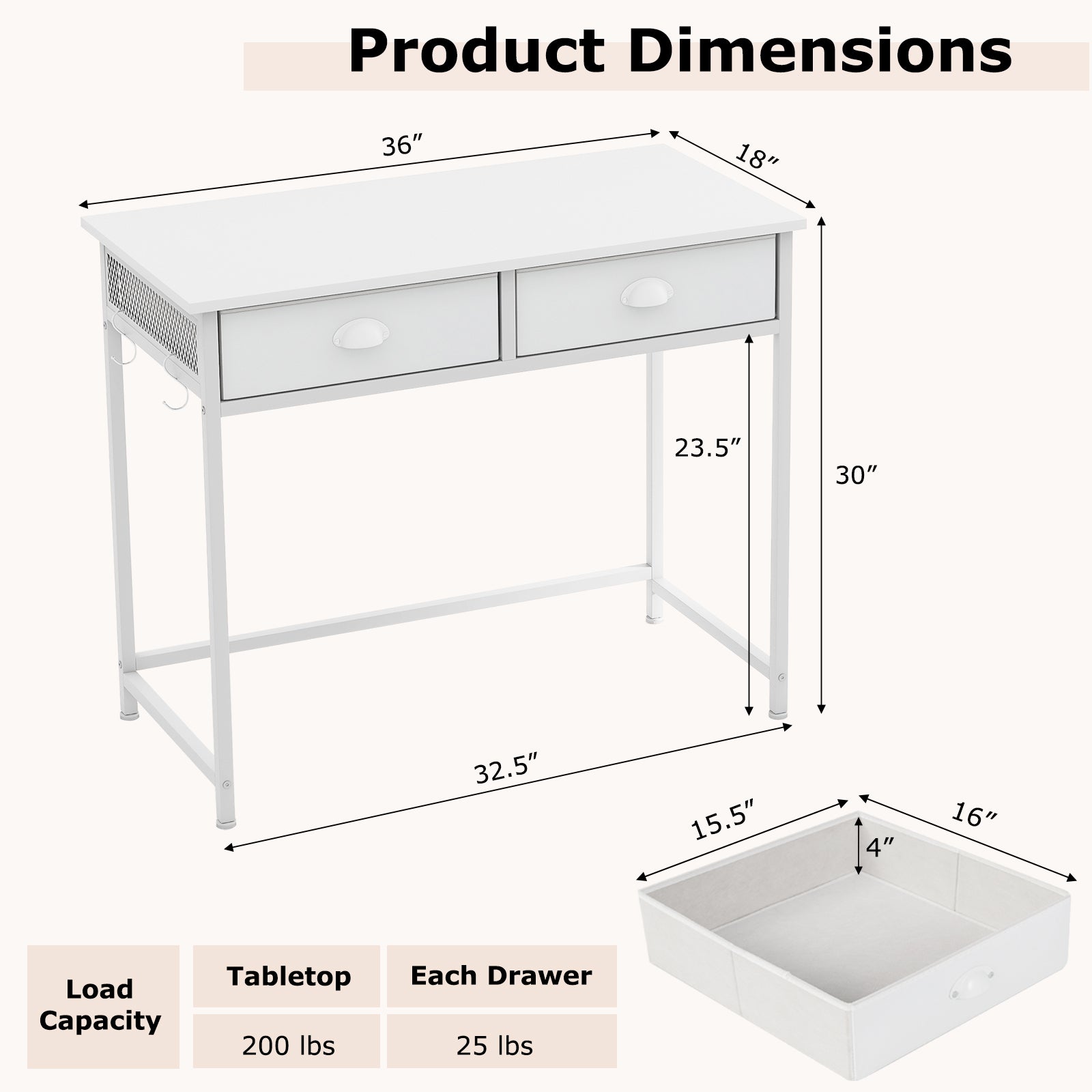 Space Saving Home Office Desk with 2 Fabric Drawers and 4 Hanging Hooks-White