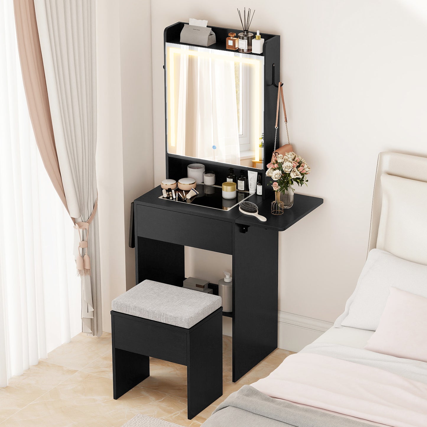 Space-saving Vanity Desk with Mirror and Lights for Bedroom-Black