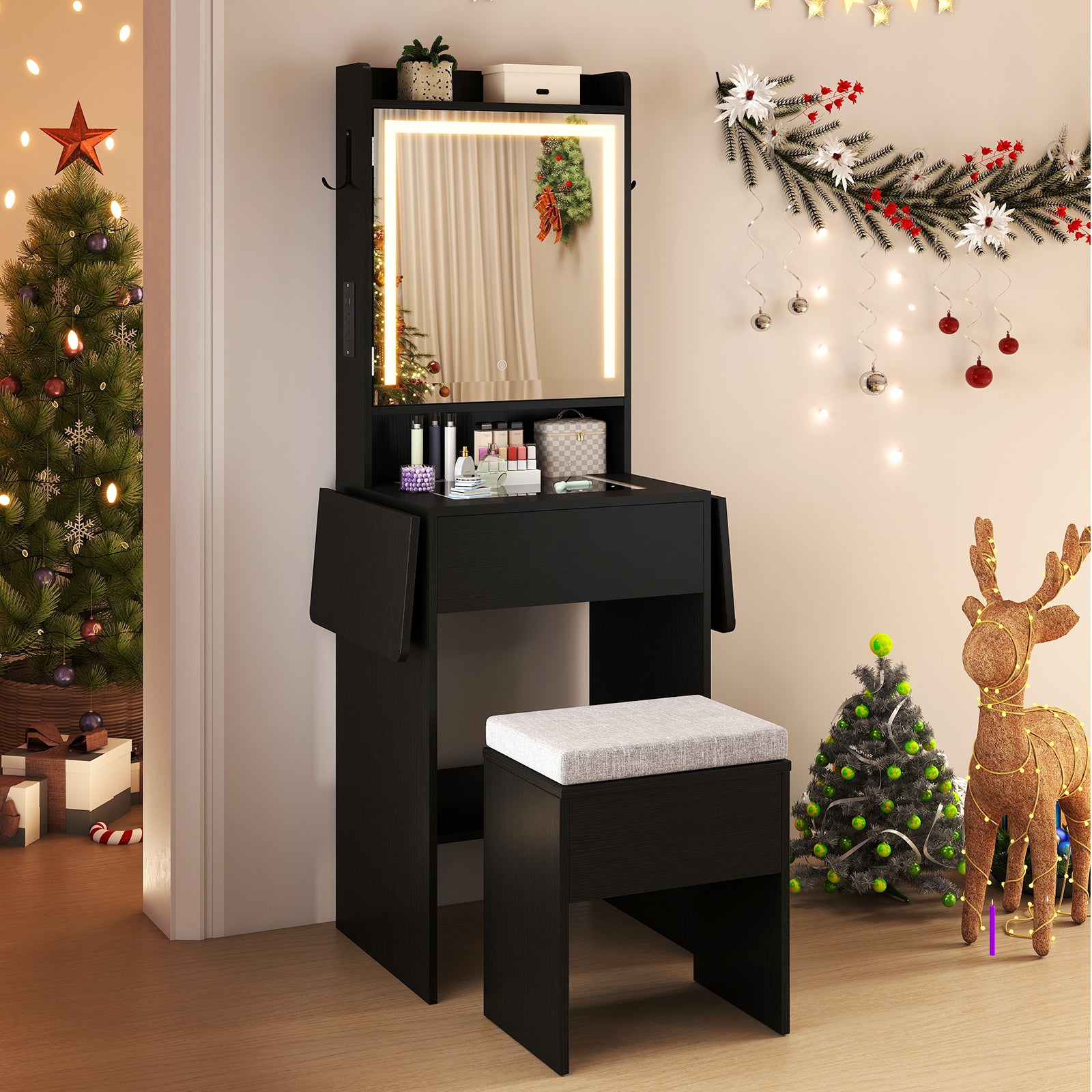 Space-saving Vanity Desk with Mirror and Lights for Bedroom-Black