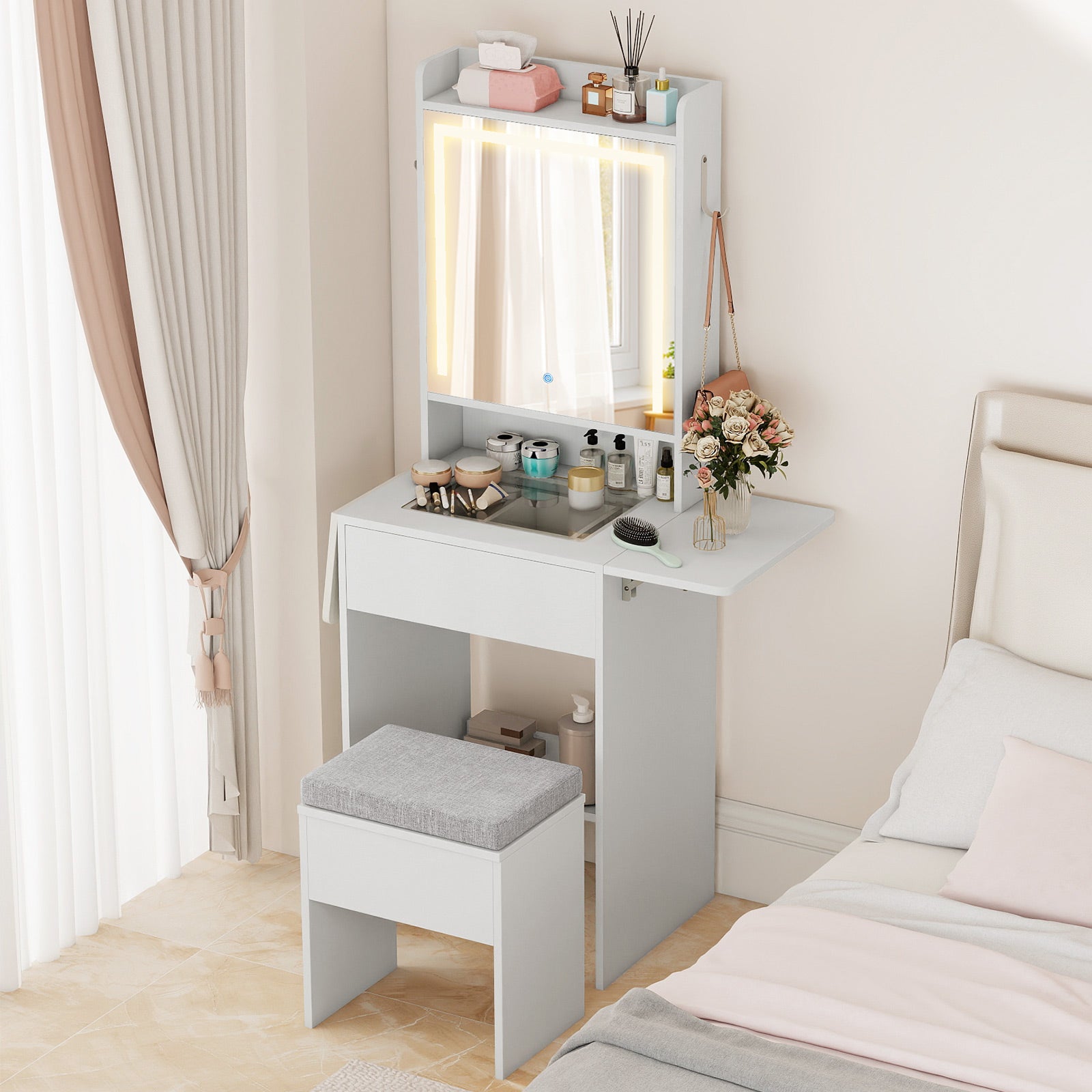 Space-saving Vanity Desk with Mirror and Lights for Bedroom-White