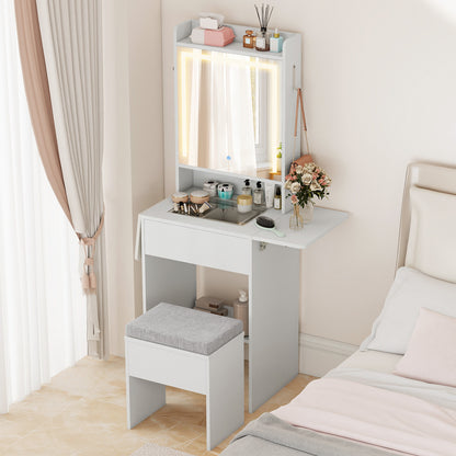 Space-saving Vanity Desk with Mirror and Lights for Bedroom-White
