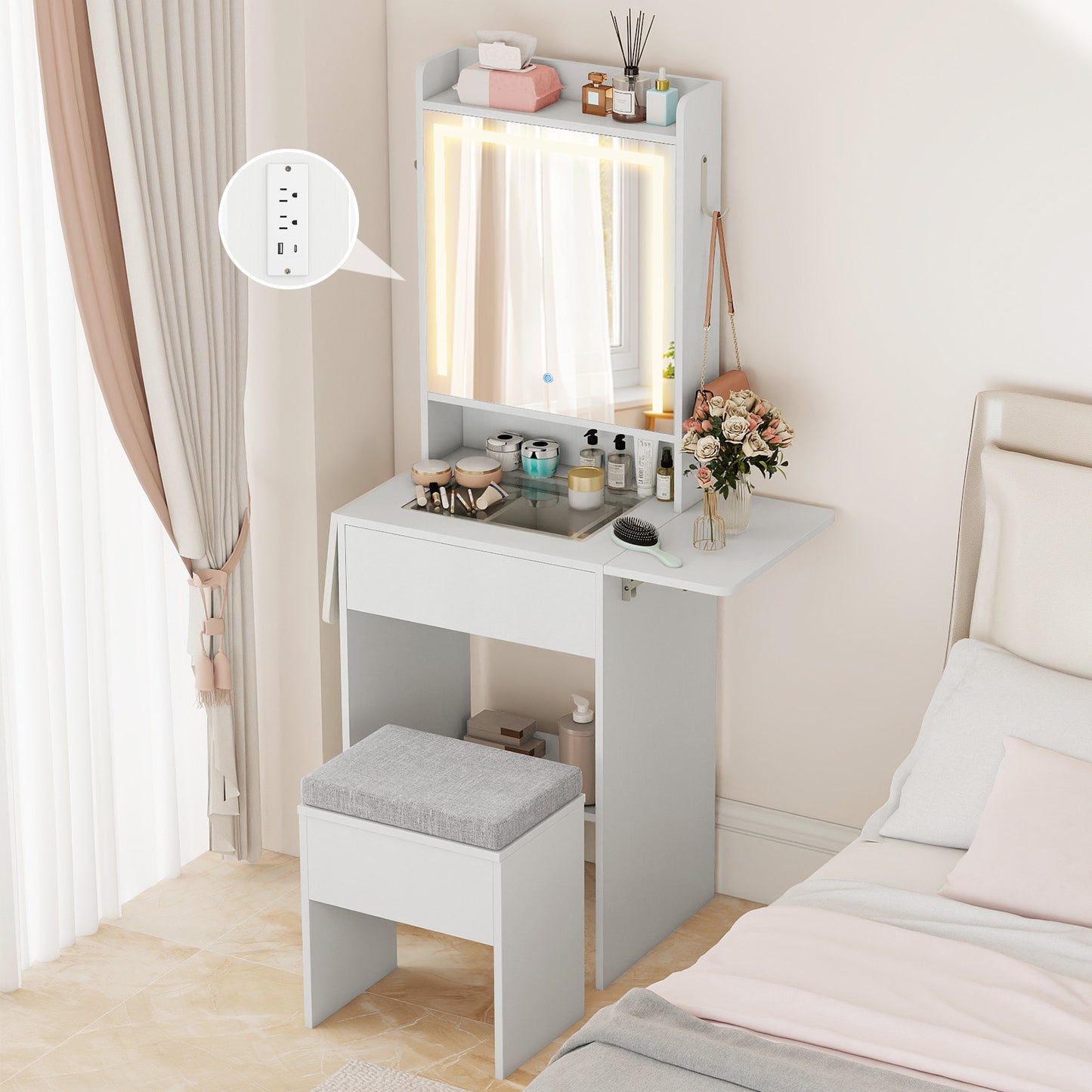 Space-saving Vanity Desk with Mirror and Lights for Bedroom-White