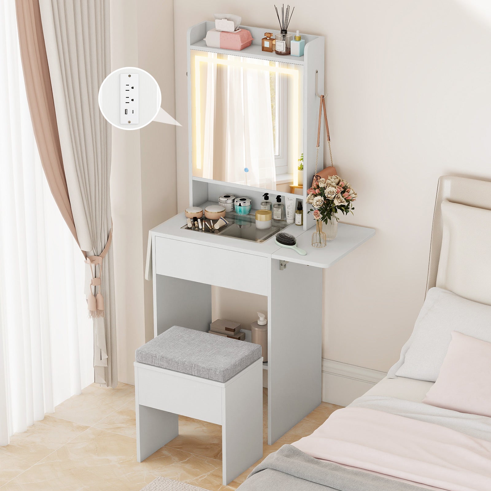 Space-saving Vanity Desk with Mirror and Lights for Bedroom-White