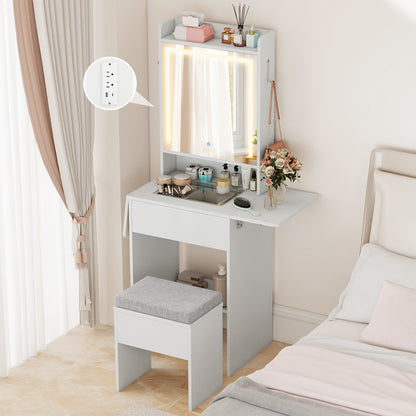 Space-saving Vanity Desk with Mirror and Lights for Bedroom-White
