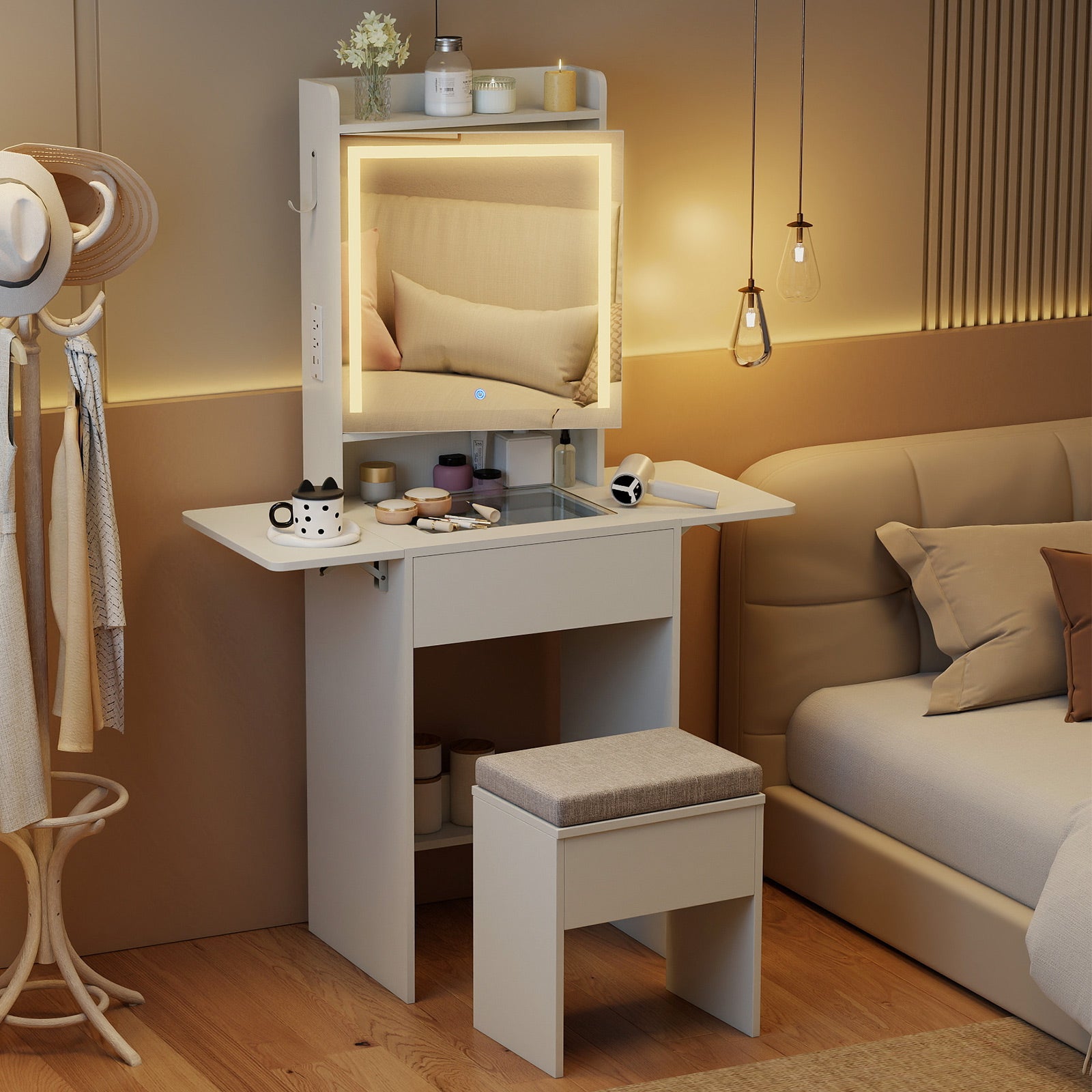 Space-saving Vanity Desk with Mirror and Lights for Bedroom-White