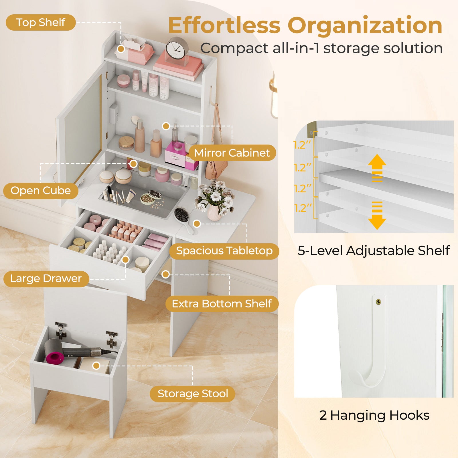Space-saving Vanity Desk with Mirror and Lights for Bedroom-White
