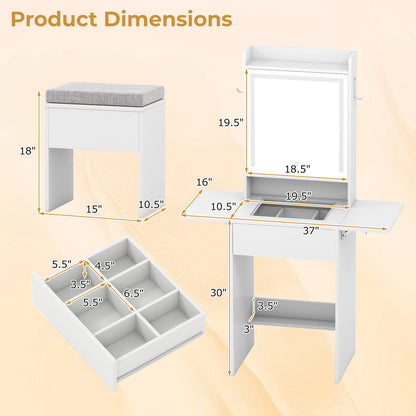 Space-saving Vanity Desk with Mirror and Lights for Bedroom-White