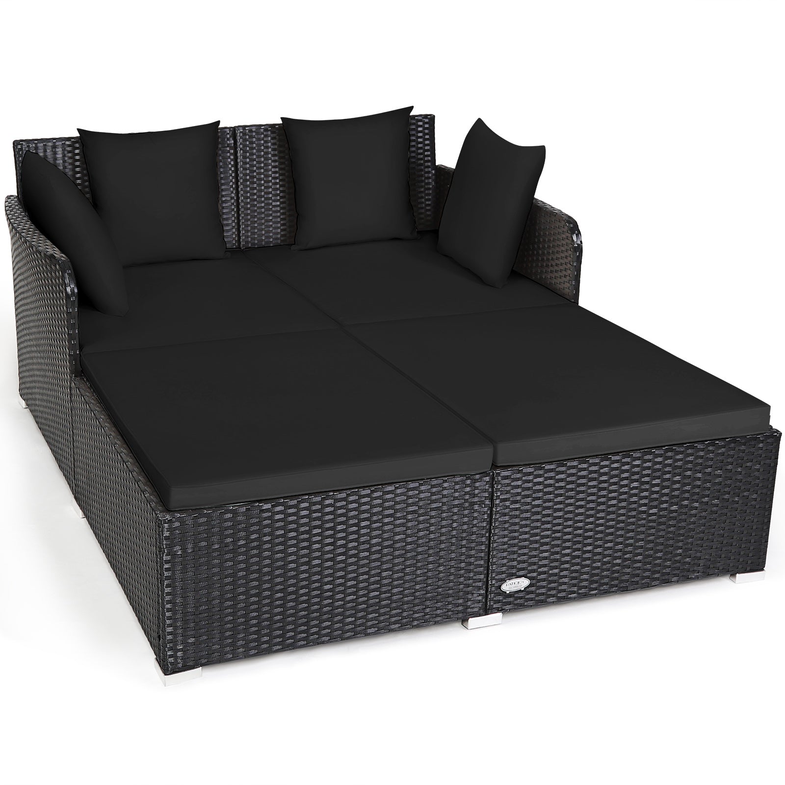 Spacious Outdoor Rattan Daybed with Upholstered Cushions and Pillows-Black - Black