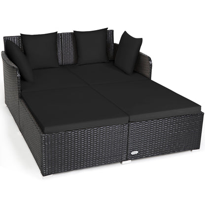 Spacious Outdoor Rattan Daybed with Upholstered Cushions and Pillows-Black - Black