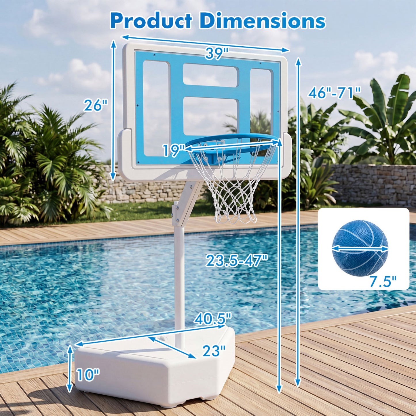 Pool Basketball Hoop with Adjustable Height & 2 Balls