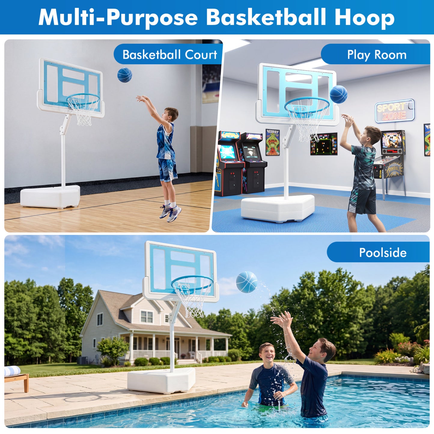 Pool Basketball Hoop with Adjustable Height & 2 Balls