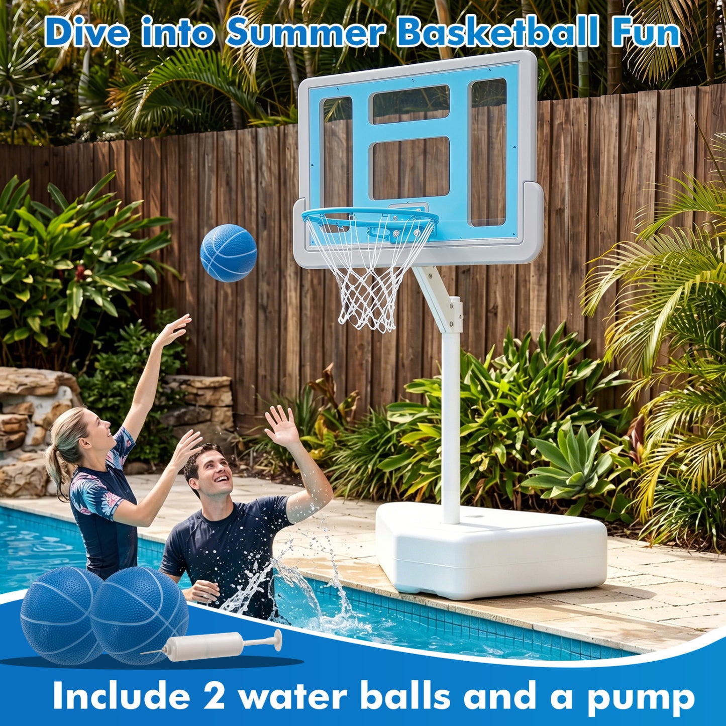 Pool Basketball Hoop with Adjustable Height & 2 Balls