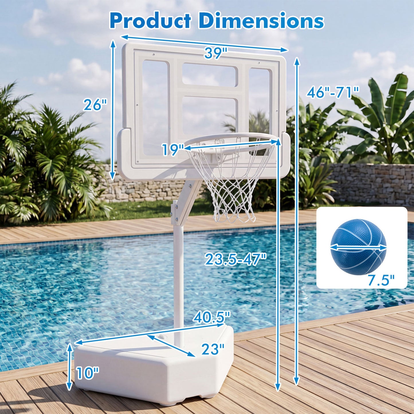 Pool Basketball Hoop with Adjustable Height & 2 Balls