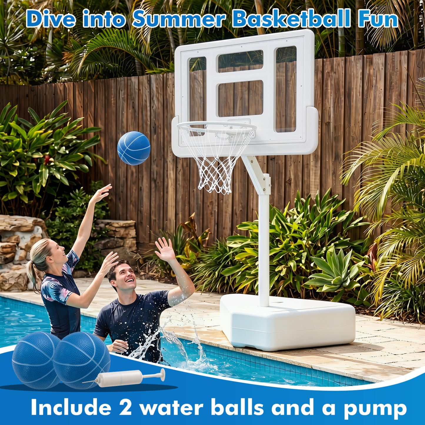 Pool Basketball Hoop with Adjustable Height & 2 Balls