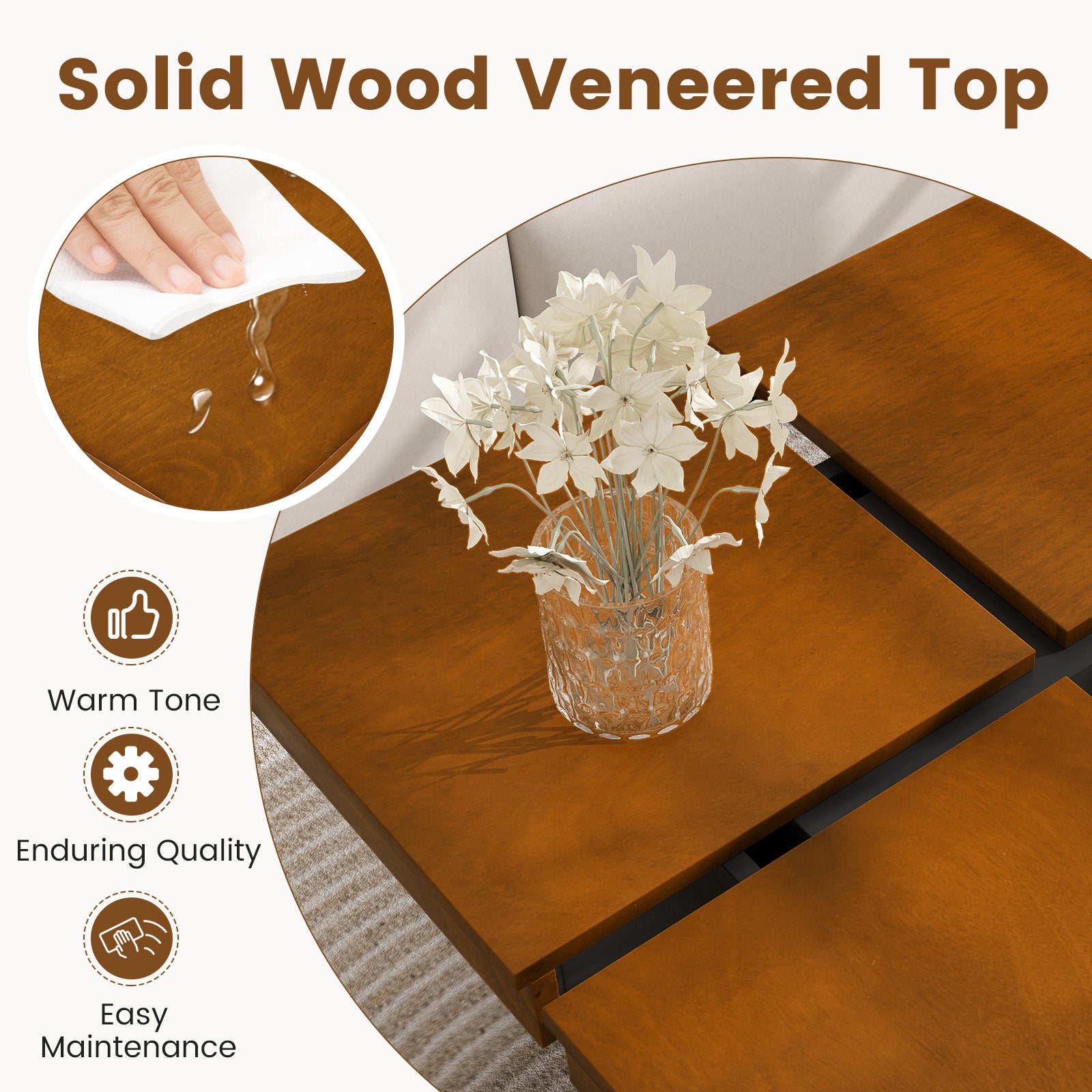 Square Coffee Table Mid Century Modern Center Table-Walnut