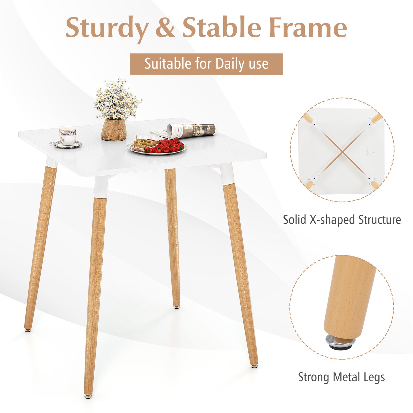 Square Dining Table with Adjustable Foot Pads for Dining Room Kitchen-White