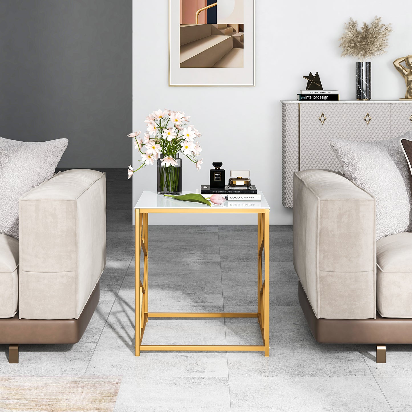 Square End Table with Tempered Glass Tabletop and Gold Finish Geometric Frame-Golden
