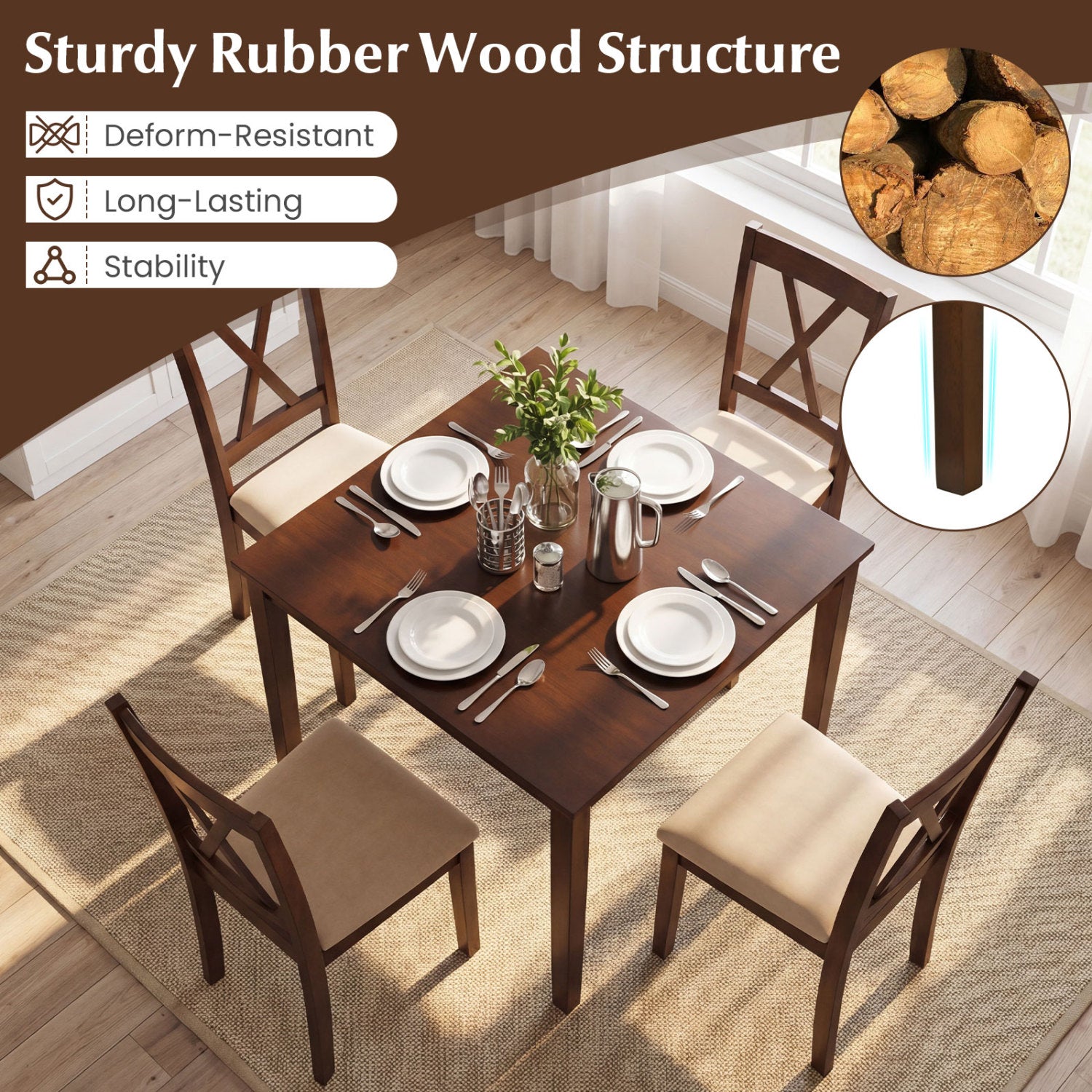 Square Kitchen Table and 4 Armless Chairs Set for 4